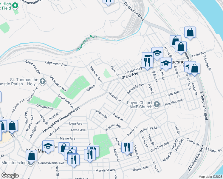 map of restaurants, bars, coffee shops, grocery stores, and more near 1032 Sherman Avenue in Duquesne