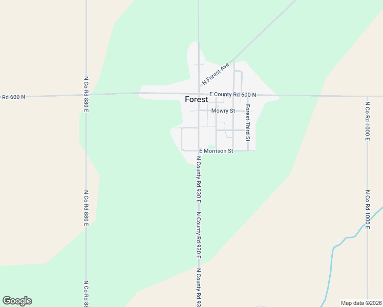 map of restaurants, bars, coffee shops, grocery stores, and more near 5686 North County Road 930 East in Forest