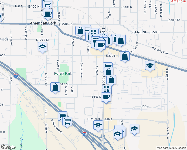 map of restaurants, bars, coffee shops, grocery stores, and more near 431 E 350 S in American Fork