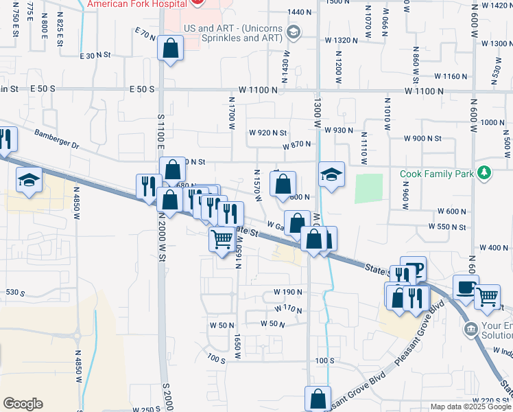 map of restaurants, bars, coffee shops, grocery stores, and more near 621 North 1570 West in Pleasant Grove
