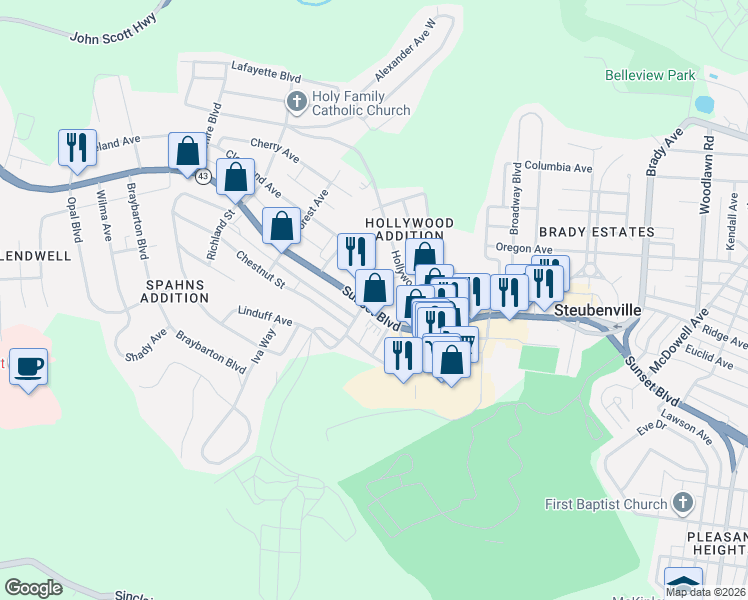 map of restaurants, bars, coffee shops, grocery stores, and more near 2236 Sunset Boulevard in Steubenville