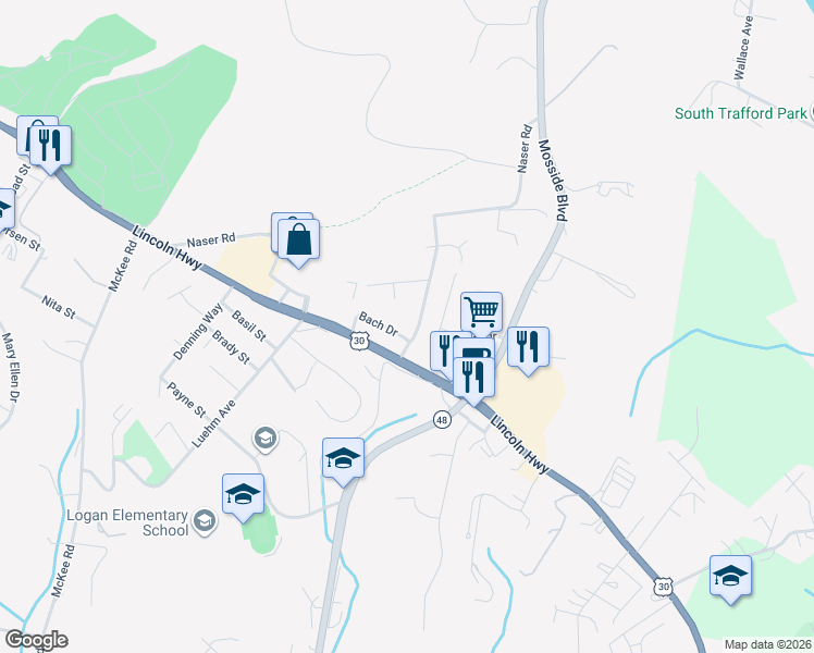 map of restaurants, bars, coffee shops, grocery stores, and more near 1801 Lincoln Highway in North Versailles