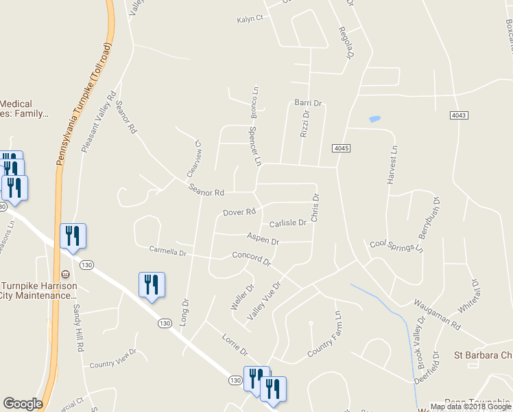 map of restaurants, bars, coffee shops, grocery stores, and more near 33 Dover Road in Irwin