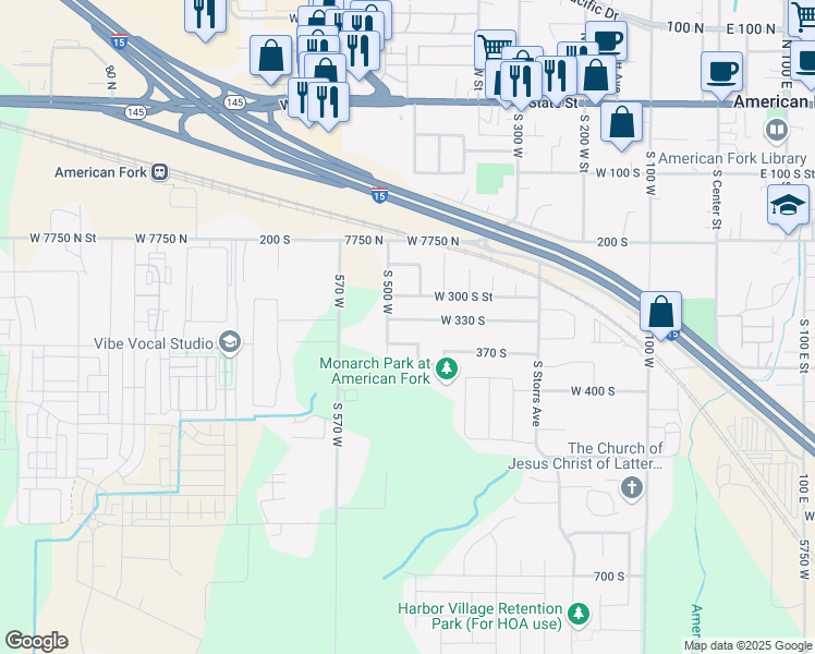 map of restaurants, bars, coffee shops, grocery stores, and more near 471 West 330 South in American Fork