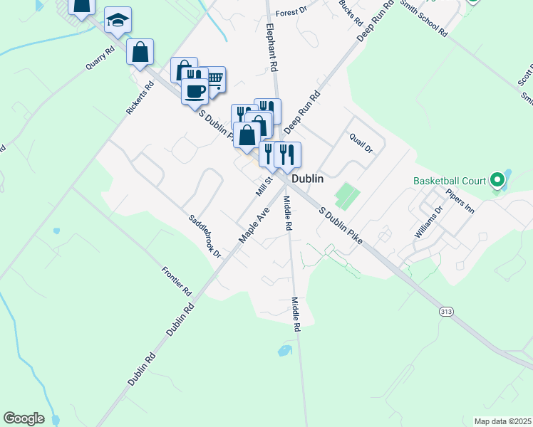 map of restaurants, bars, coffee shops, grocery stores, and more near 121 Maple Avenue in Dublin