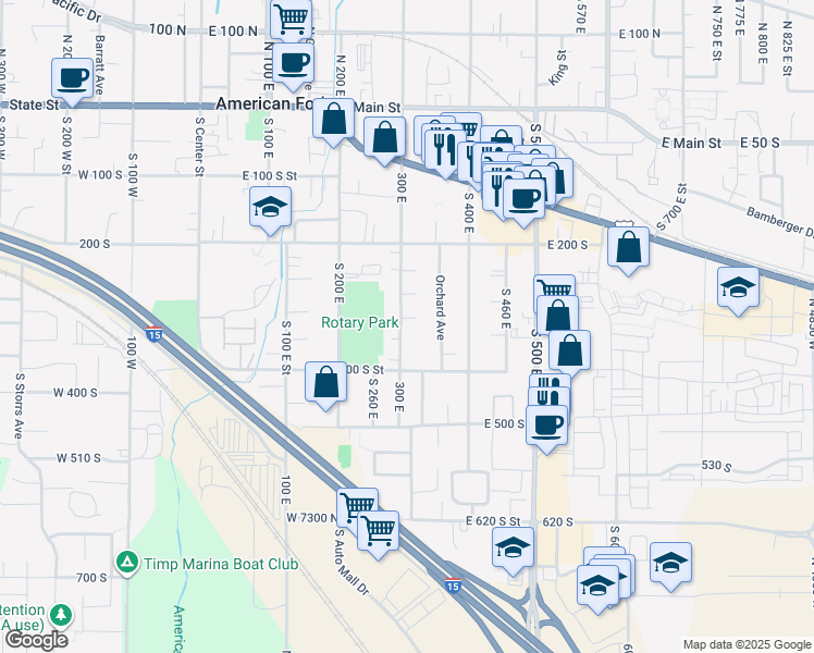 map of restaurants, bars, coffee shops, grocery stores, and more near 335 300 East in American Fork