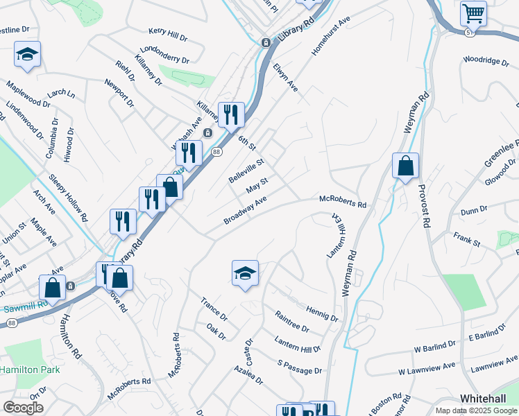 map of restaurants, bars, coffee shops, grocery stores, and more near 3171 McRoberts Road in Pittsburgh