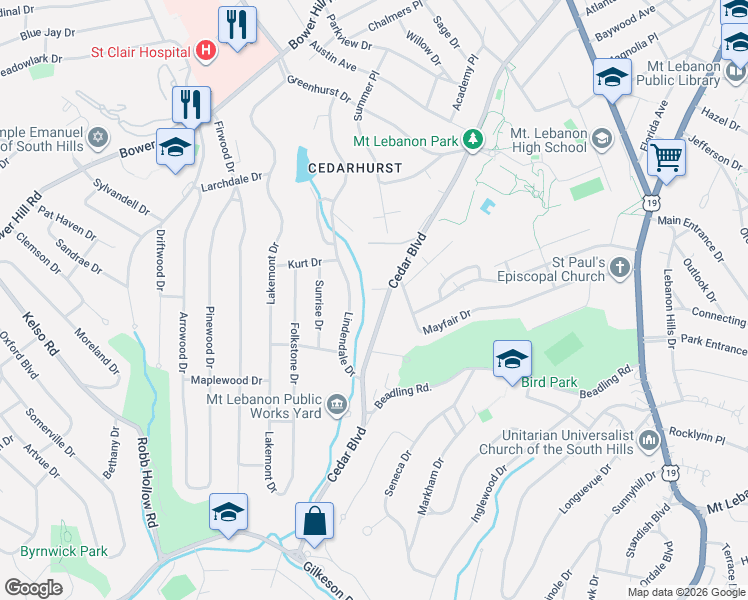 map of restaurants, bars, coffee shops, grocery stores, and more near 1158 Cedar Boulevard in Pittsburgh