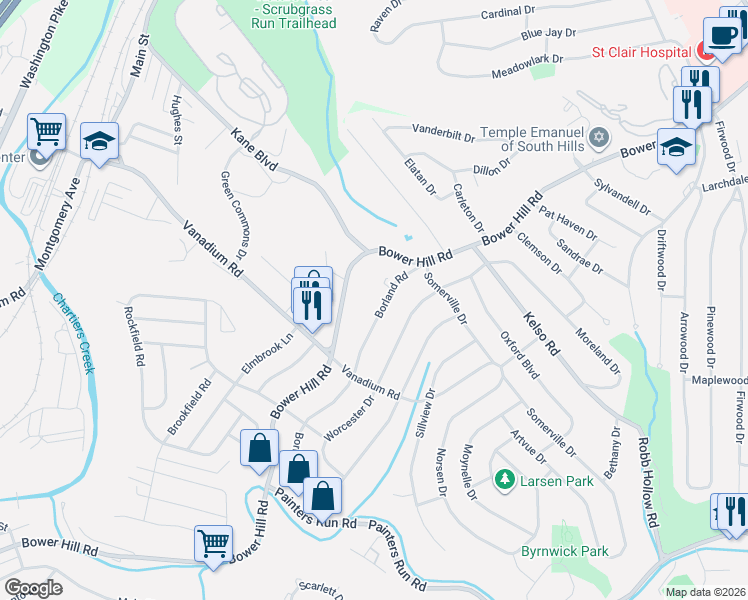 map of restaurants, bars, coffee shops, grocery stores, and more near 1741 Borland Road in Pittsburgh