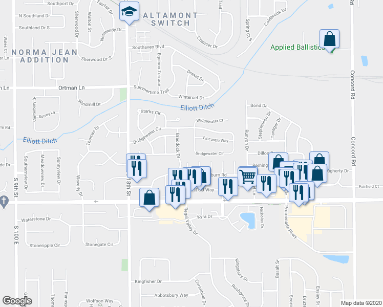 map of restaurants, bars, coffee shops, grocery stores, and more near 2020 Cliburn Road in Lafayette
