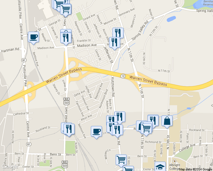 map of restaurants, bars, coffee shops, grocery stores, and more near 2258 Northmont Boulevard in Reading