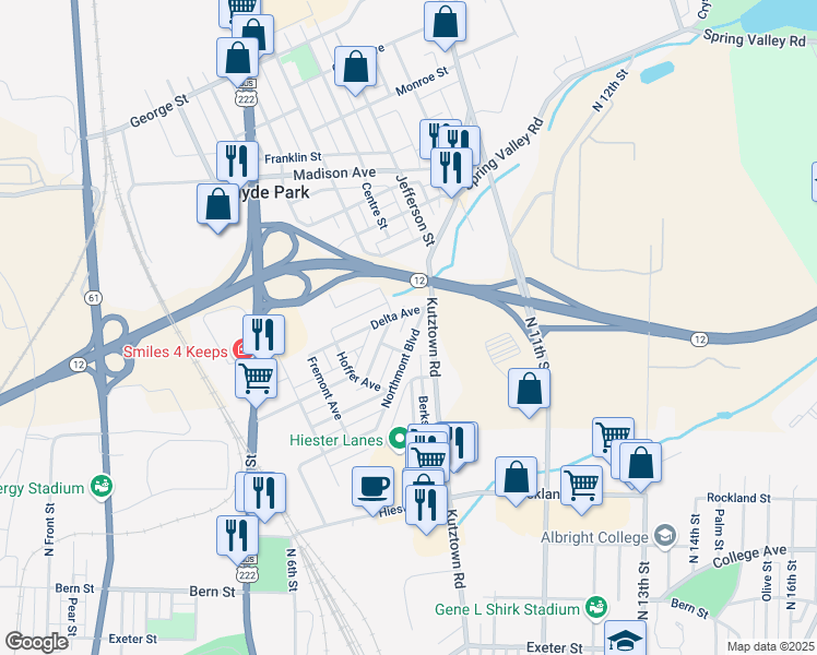 map of restaurants, bars, coffee shops, grocery stores, and more near 2258 Northmont Boulevard in Reading