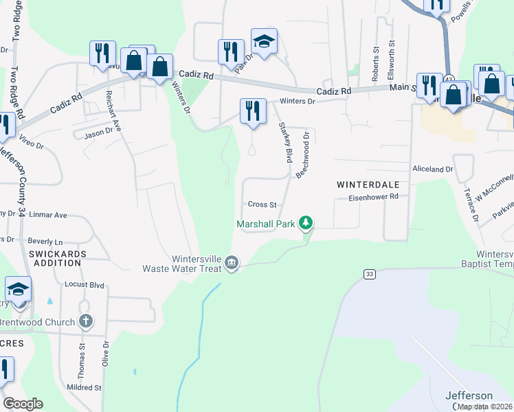 map of restaurants, bars, coffee shops, grocery stores, and more near 208 Beechwood Boulevard in Wintersville