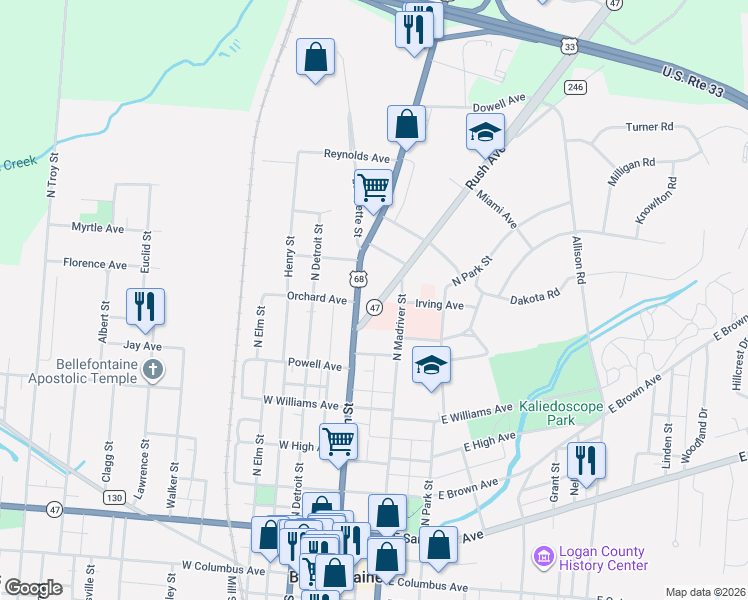 map of restaurants, bars, coffee shops, grocery stores, and more near 635-701 Rush Ave in Bellefontaine