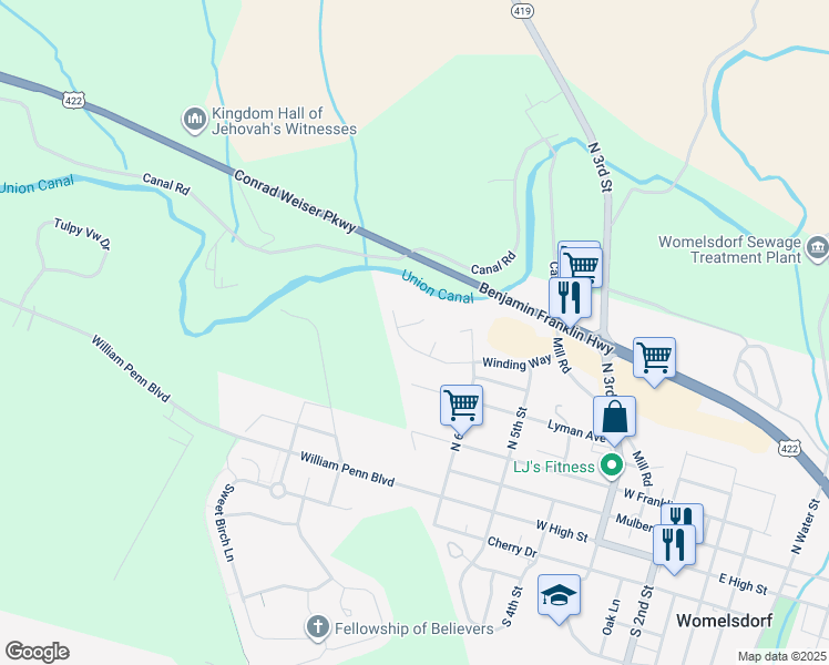 map of restaurants, bars, coffee shops, grocery stores, and more near 4 Tulpehocken Court in Womelsdorf