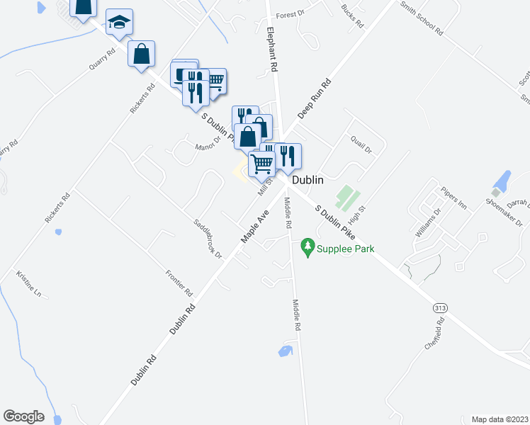 map of restaurants, bars, coffee shops, grocery stores, and more near 121 Maple Avenue in Dublin