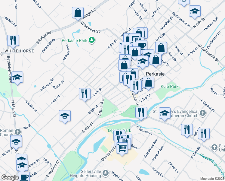 map of restaurants, bars, coffee shops, grocery stores, and more near 329 South 5th Street in Perkasie