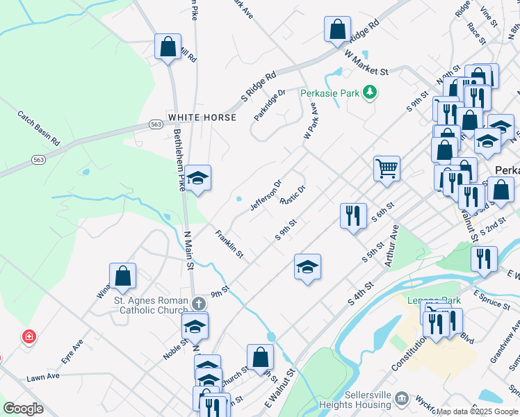 map of restaurants, bars, coffee shops, grocery stores, and more near 712 Lexington Way in Perkasie