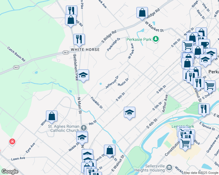 map of restaurants, bars, coffee shops, grocery stores, and more near 712 Lexington Way in Perkasie