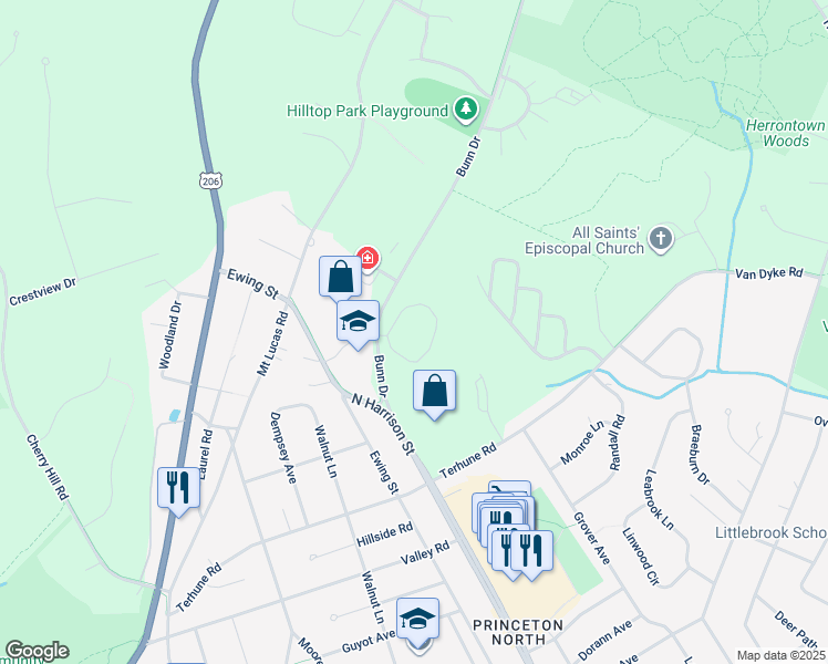 map of restaurants, bars, coffee shops, grocery stores, and more near 469 North Harrison Street in Princeton