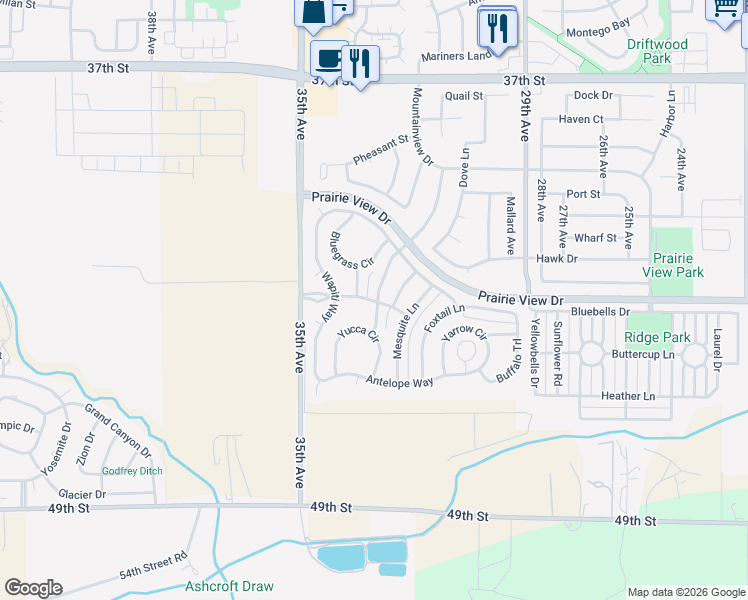 map of restaurants, bars, coffee shops, grocery stores, and more near 4123 Cedar Lane in Evans