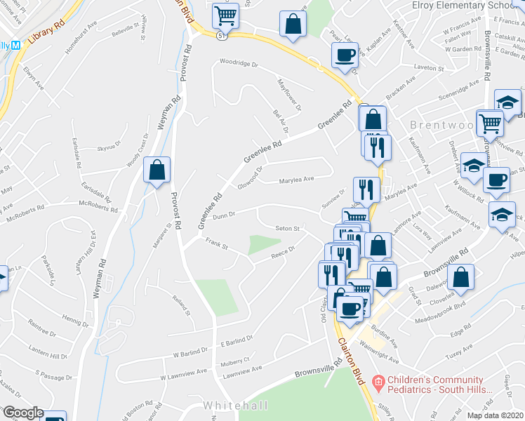 map of restaurants, bars, coffee shops, grocery stores, and more near 553 Dunn Drive in Pittsburgh