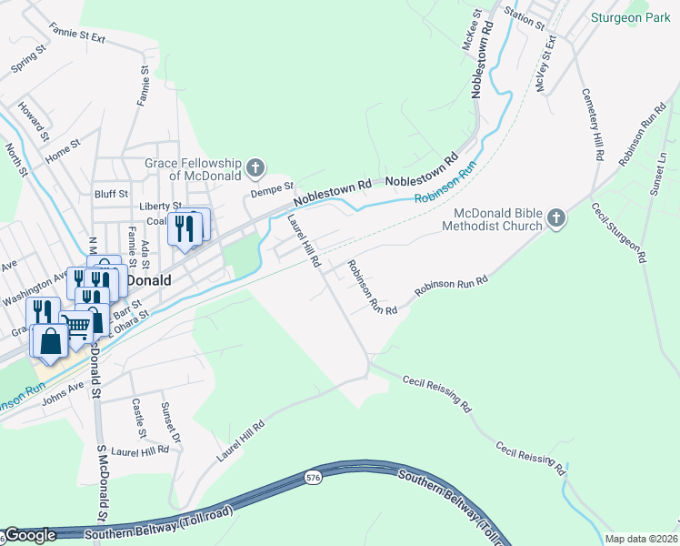 map of restaurants, bars, coffee shops, grocery stores, and more near 301 Record Avenue in McDonald