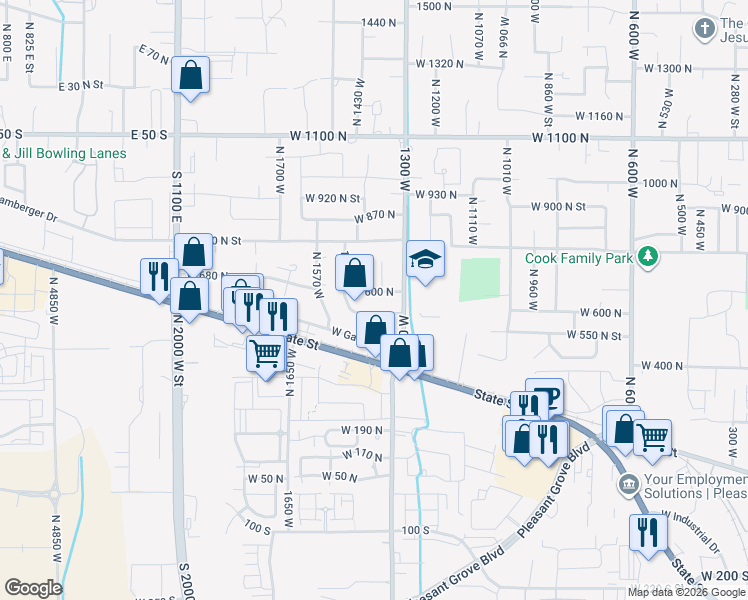 map of restaurants, bars, coffee shops, grocery stores, and more near 621 North 1370 West in Pleasant Grove