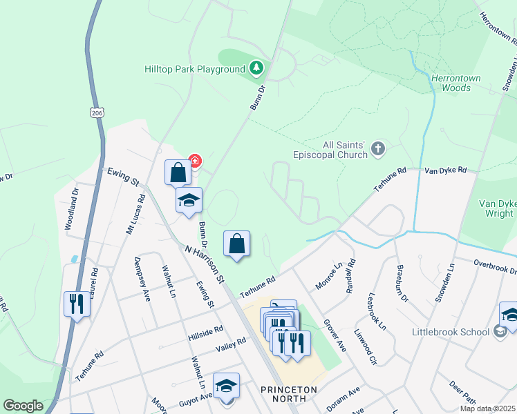 map of restaurants, bars, coffee shops, grocery stores, and more near 469 North Harrison Street in Princeton