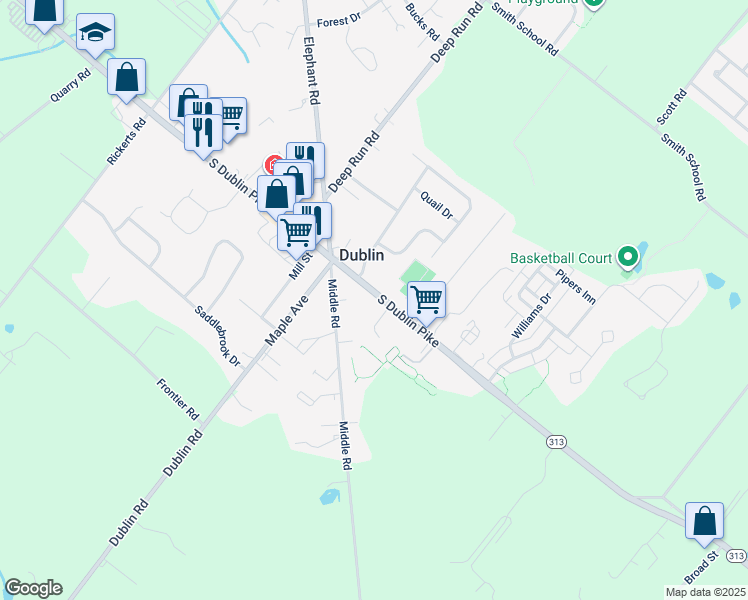 map of restaurants, bars, coffee shops, grocery stores, and more near 126 South Main Street in Dublin