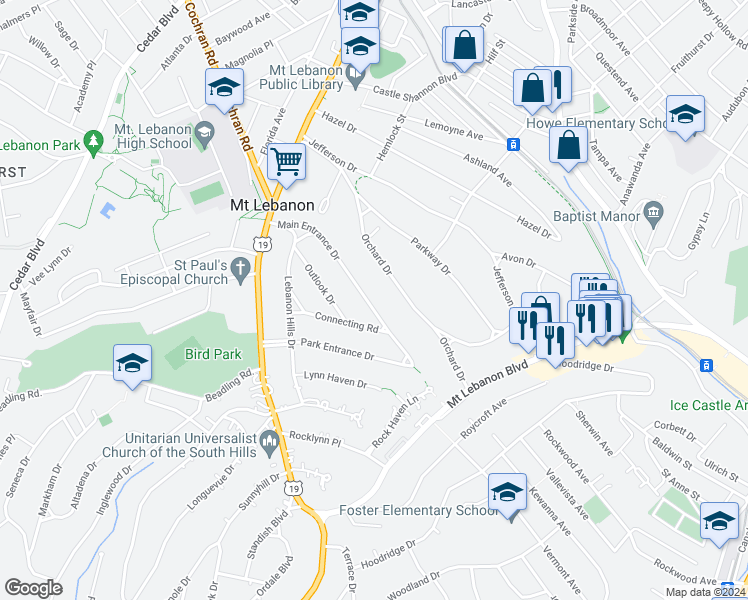 map of restaurants, bars, coffee shops, grocery stores, and more near 282 Orchard Drive in Mount Lebanon