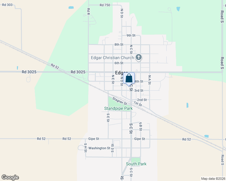 map of restaurants, bars, coffee shops, grocery stores, and more near 300 North E Street in Edgar