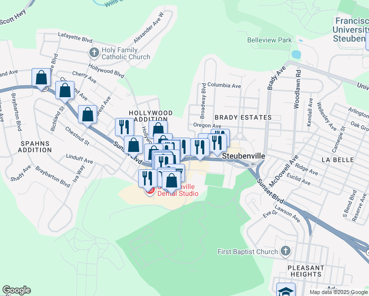 map of restaurants, bars, coffee shops, grocery stores, and more near 631 Jeanette Avenue in Steubenville