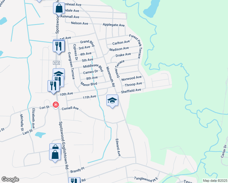 map of restaurants, bars, coffee shops, grocery stores, and more near 107 Monmouth Road in Monroe Township