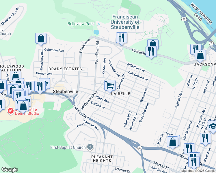 map of restaurants, bars, coffee shops, grocery stores, and more near 1499 Pennsylvania Avenue in Steubenville