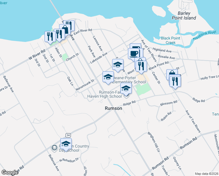 map of restaurants, bars, coffee shops, grocery stores, and more near 50 Black Point Road in Rumson