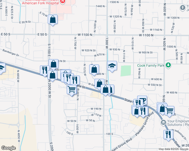 map of restaurants, bars, coffee shops, grocery stores, and more near 1443 West 600 North in Pleasant Grove