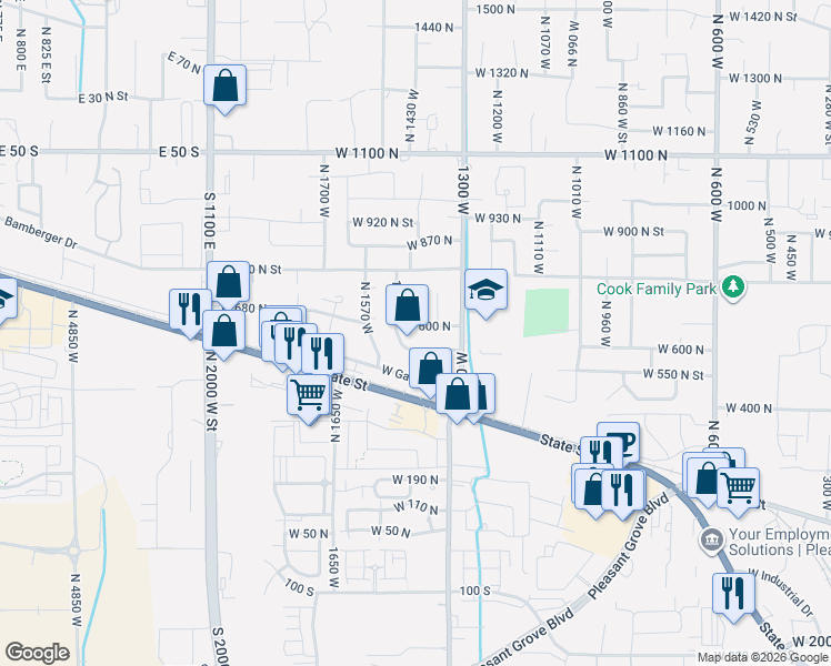 map of restaurants, bars, coffee shops, grocery stores, and more near 1429 West 600 North in Pleasant Grove