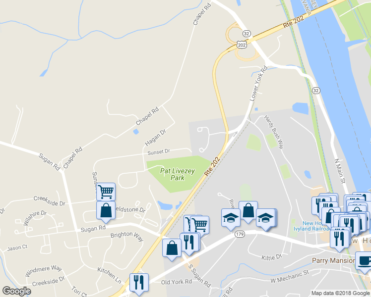 map of restaurants, bars, coffee shops, grocery stores, and more near 4 Sunset Drive in New Hope