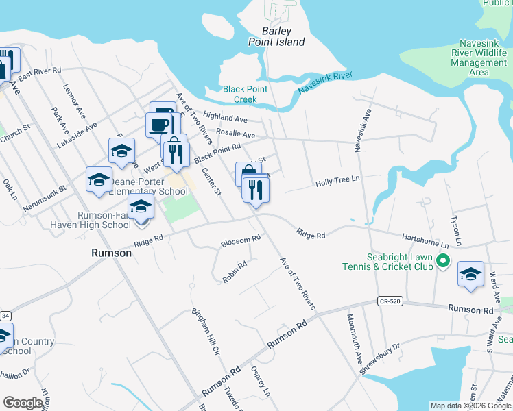 map of restaurants, bars, coffee shops, grocery stores, and more near 26 Ridge Road in Rumson