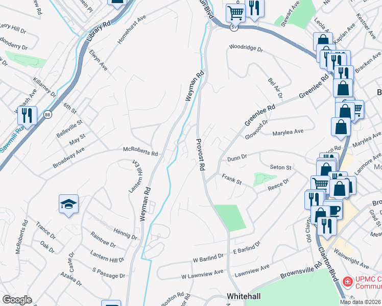 map of restaurants, bars, coffee shops, grocery stores, and more near 3102 Provost Road in Pittsburgh