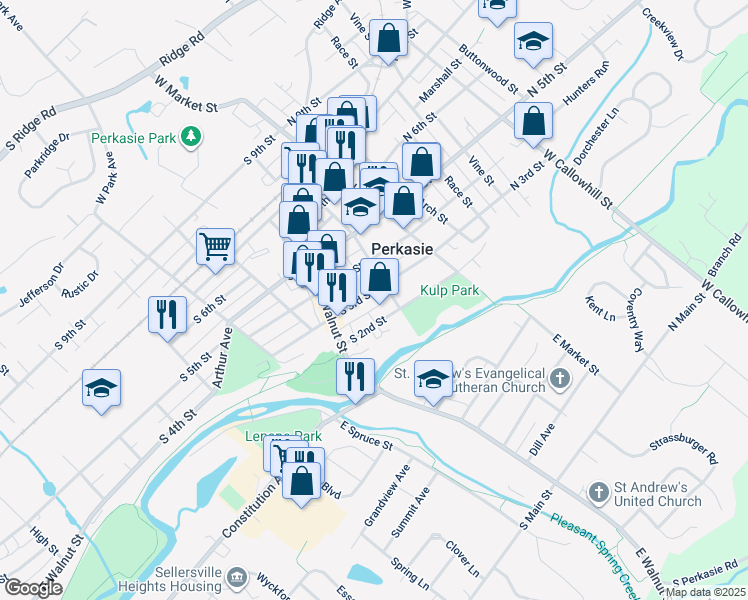 map of restaurants, bars, coffee shops, grocery stores, and more near 113 South 3rd Street in Perkasie