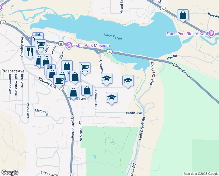 map of restaurants, bars, coffee shops, grocery stores, and more near 1500 Manford Avenue in Estes Park