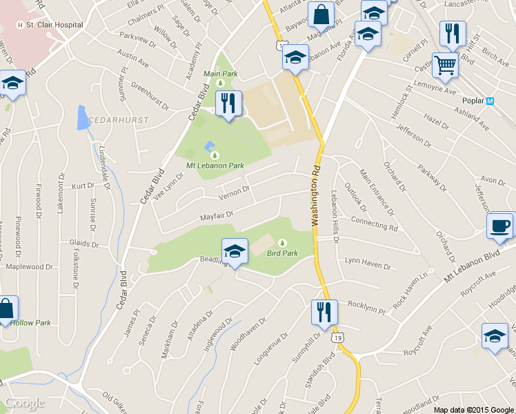 map of restaurants, bars, coffee shops, grocery stores, and more near 89 Mayfair Drive in Mount Lebanon