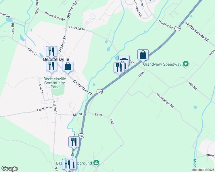 map of restaurants, bars, coffee shops, grocery stores, and more near 1036 Pennsylvania 100 in Bechtelsville