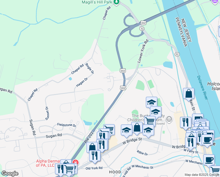 map of restaurants, bars, coffee shops, grocery stores, and more near 1 Rabbit Run Drive in New Hope