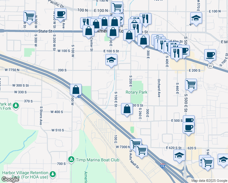 map of restaurants, bars, coffee shops, grocery stores, and more near 285 South 100 East Street in American Fork