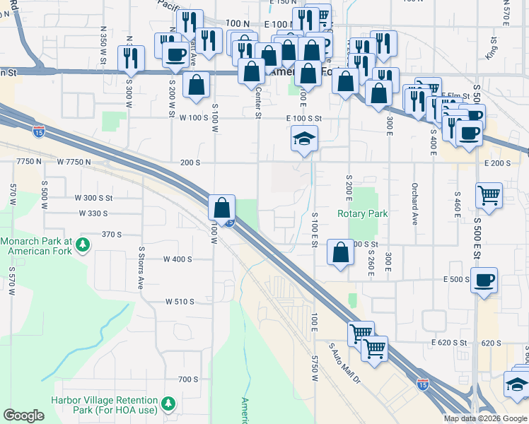 map of restaurants, bars, coffee shops, grocery stores, and more near 285 South Center Street in American Fork
