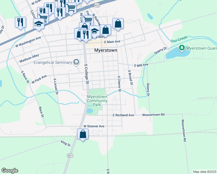 map of restaurants, bars, coffee shops, grocery stores, and more near 1 East Center Avenue in Myerstown