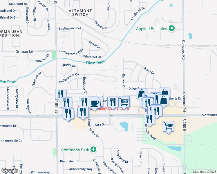 map of restaurants, bars, coffee shops, grocery stores, and more near 2125 Fincastle Way in Lafayette